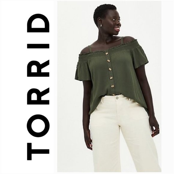 Torrid Rayon Crepe Cold Shoulder Smocked Gauze Olive Green Top Blouses 00 - Picture 1 of 8